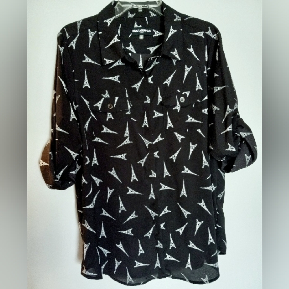 KARL LAGERFELD Black Tab Sleeve Eiffel Tower Paris Print Blouse Size Large
